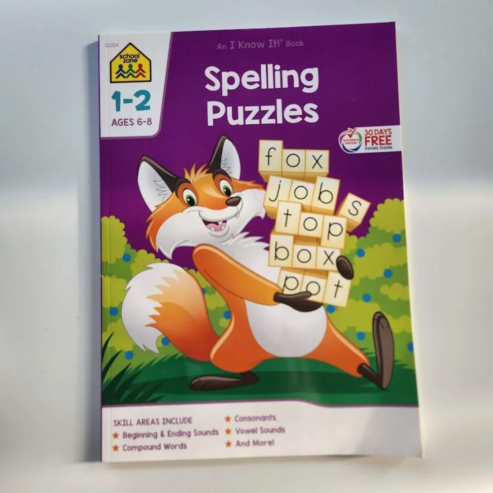 NEW School Zone Spelling Puzzles 1-2 Activity Workbook Book 64 Pages 1st Grade 2